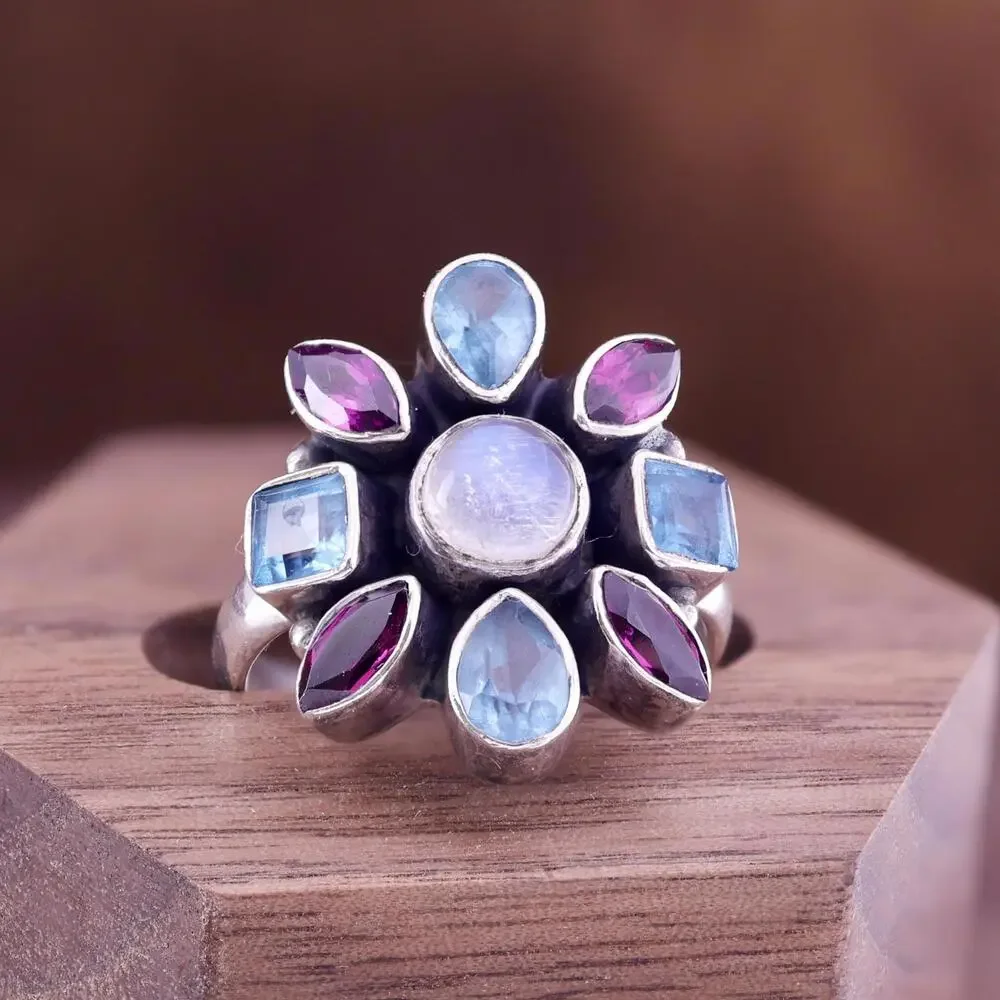 Nicky Butler Sterling Moonstone Blue Topaz Pink Tourmaline Gemstone Ring - Picture 2 of 9